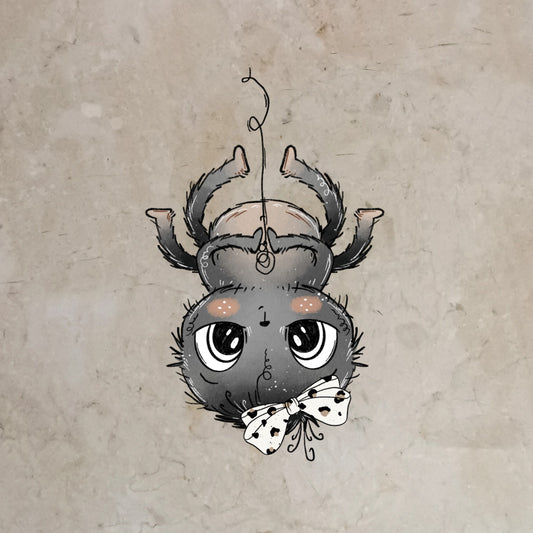 Bügelbild Spinne Schleife hängend