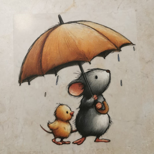 Bügelbild Regentag Maus und Entchen