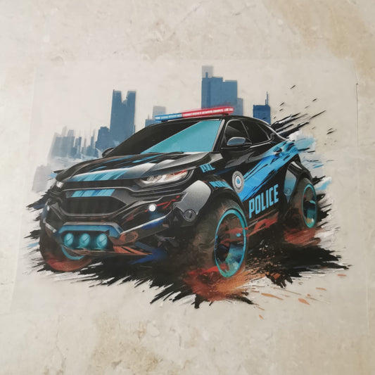 Bügelbild futuristische Polizei Skyline hell