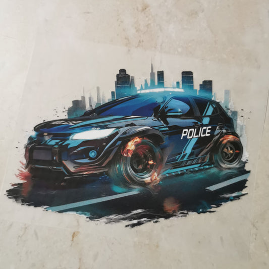 Bügelbild futuristische Polizei Skyline dunkel