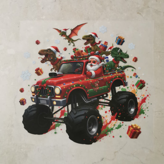 Bügelbild weihnachtlicher Monstertruck Flugsaurier