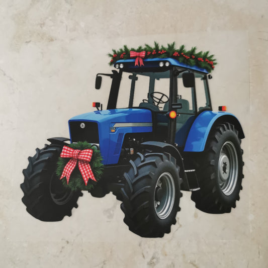 Bügelbild Weihnachtstraktor blau