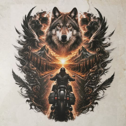 Bügelbild Biker mit Wolf