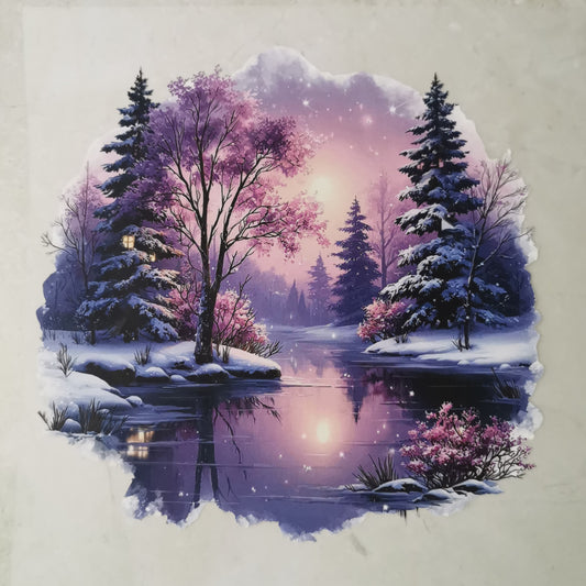 Bügelbild rosa Winterlandschaft Fenster
