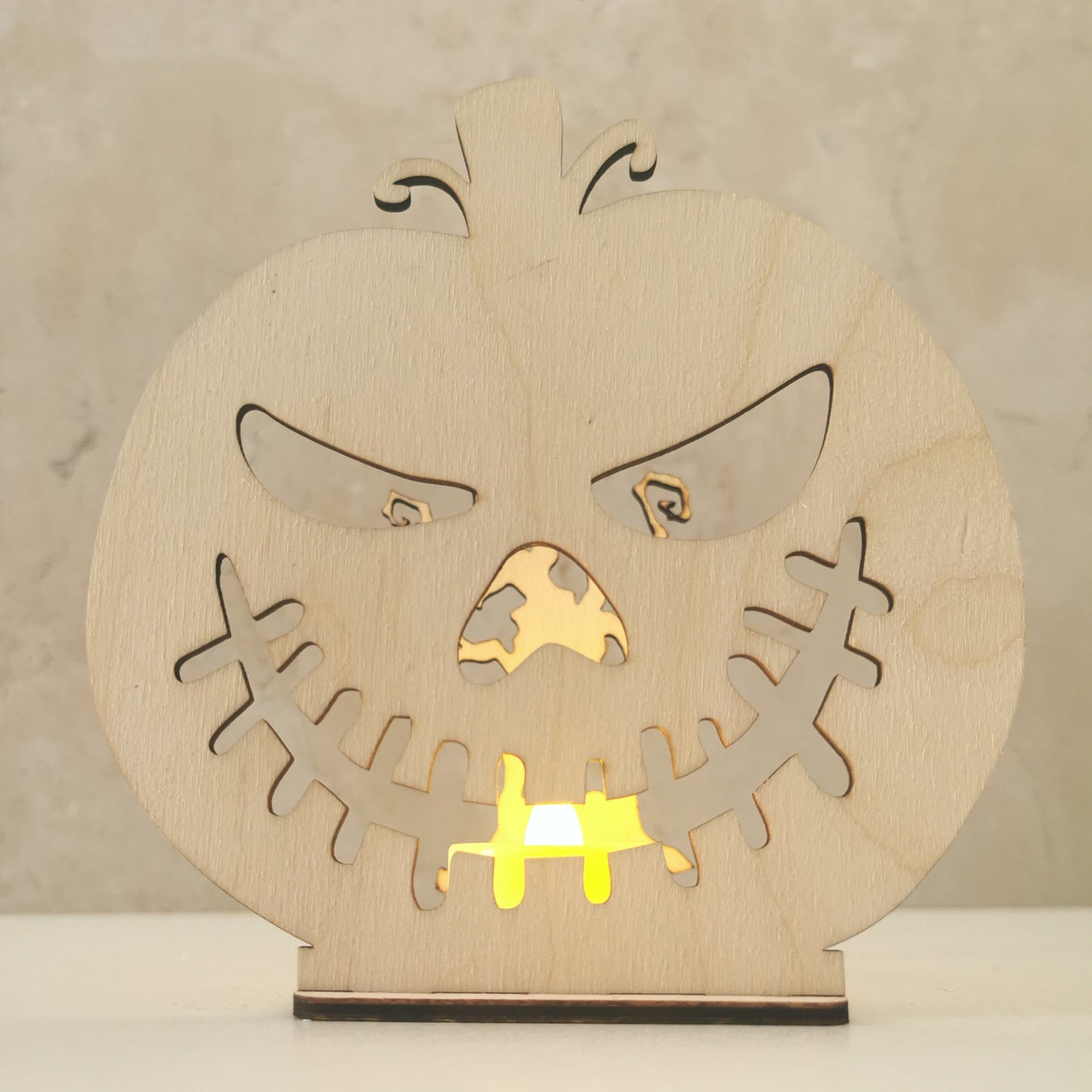 Holz-Deko Kürbis-Teelichthalter-Set (zugenähter Mund)