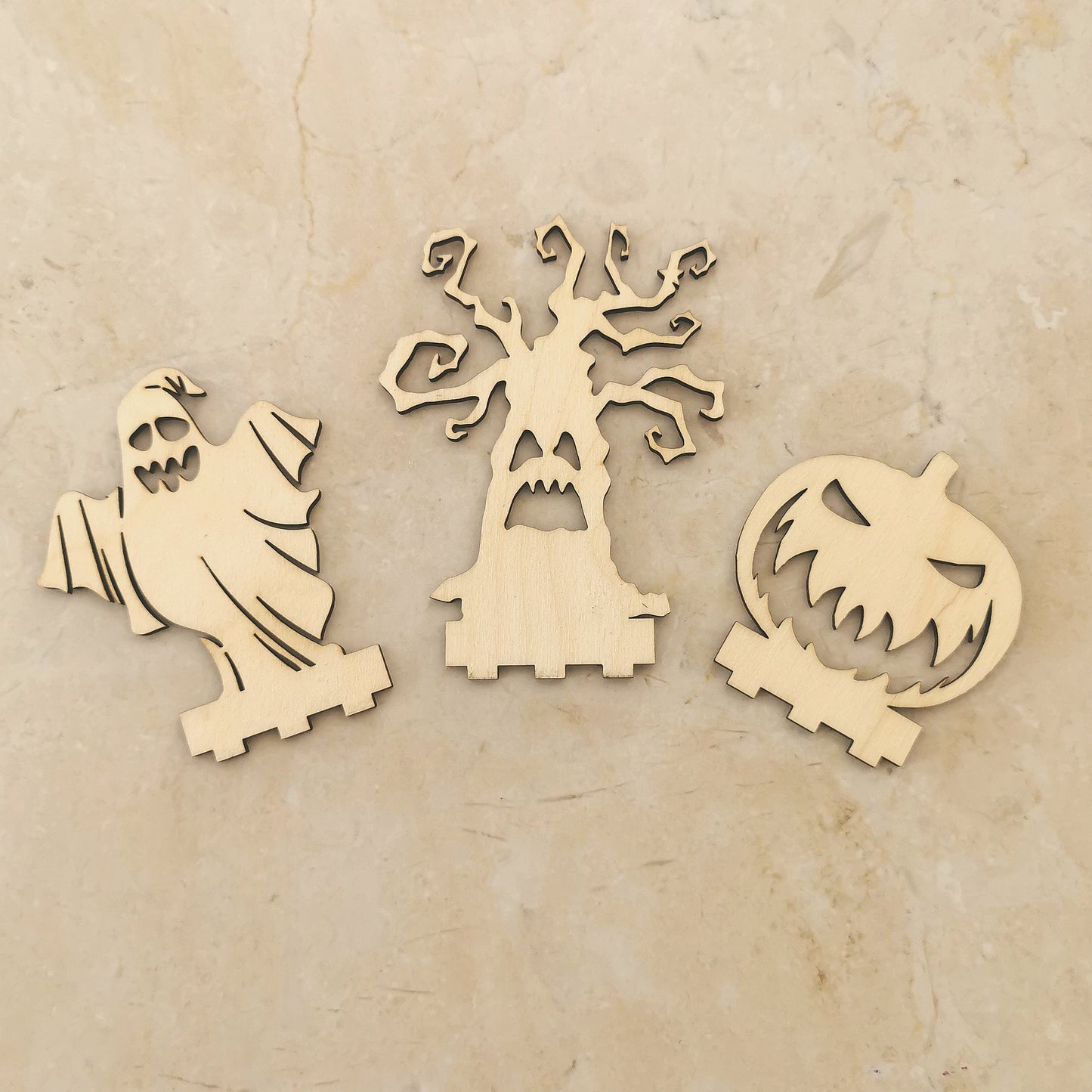 Holz-Deko Kürbis-Teelichthalter-Set (zugenähter Mund)